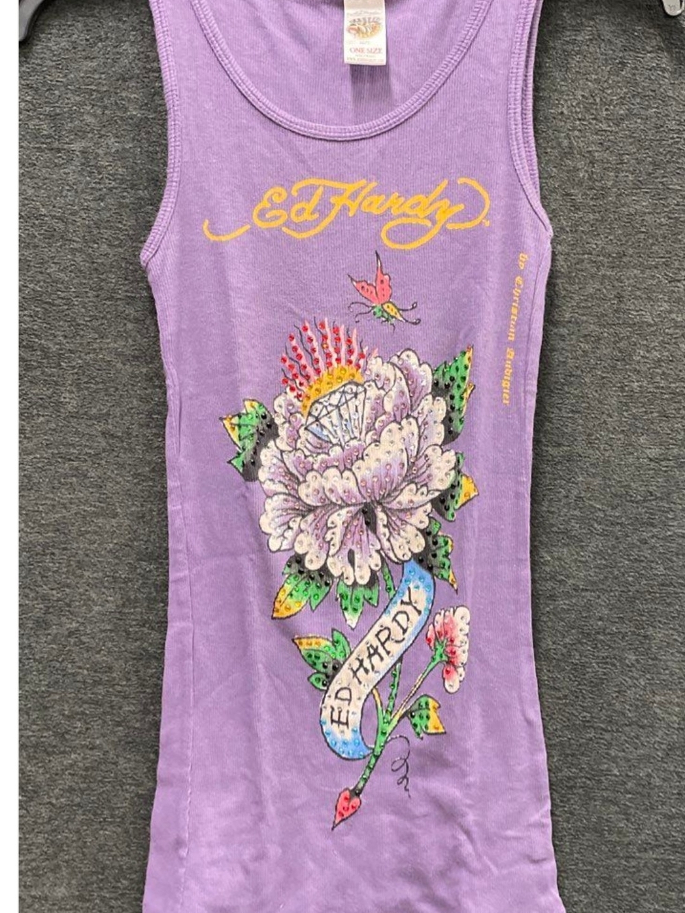 Ed Hardy Lavender PEONY Graphic Tank with Floral & Butterfly Design